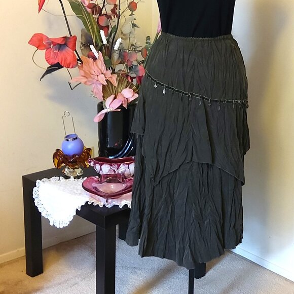 NWT Women Olive Green 2-Layers of Tiered Lined Skirt Elastic High Waist Skirt 14 - Picture 2 of 11